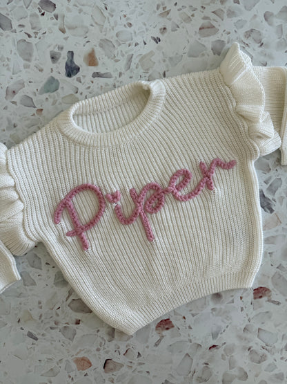 Milk Ruffle Sleeve | Custom Personalised Hand Embroidered Knit Sweater Jumper