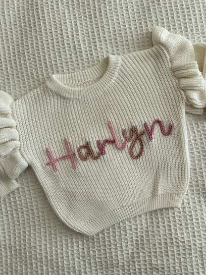 Milk Ruffle Sleeve | Custom Personalised Hand Embroidered Knit Sweater Jumper